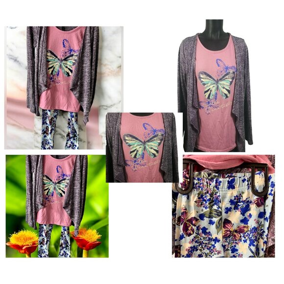 Girls Size L Butterfly Top Floral Leggings Purple Cardigan Hoodie Outfit Set NWT - Picture 1 of 16